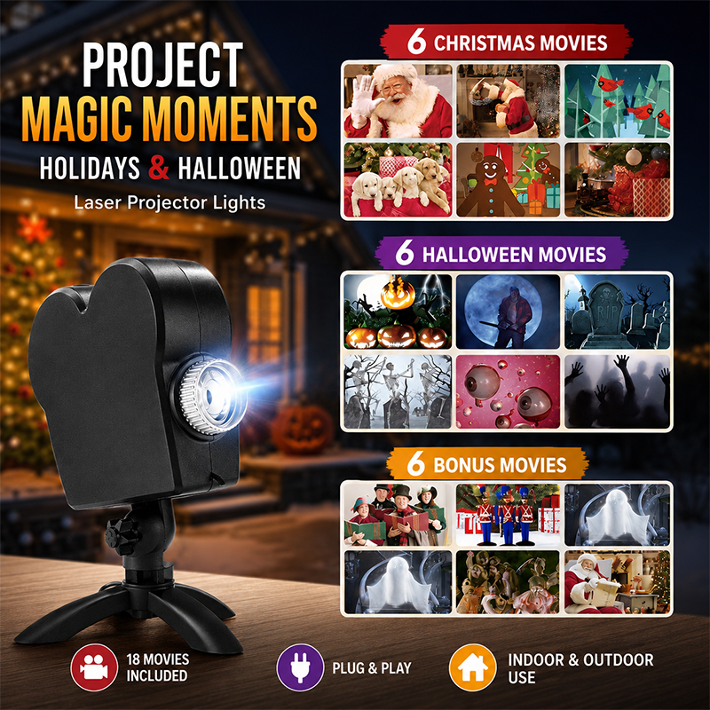 🎃🎄 2-in-1 Holiday Window Projector – 12 Animated Halloween & Christmas Movies